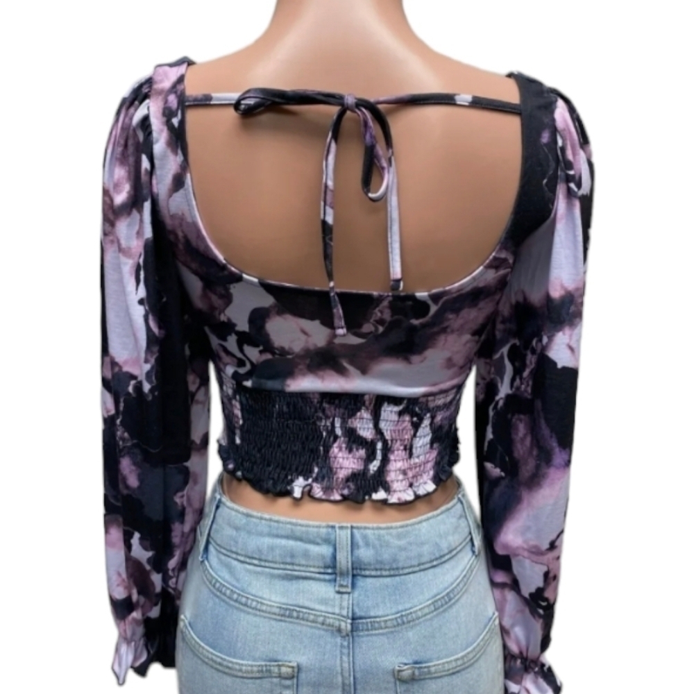 new Crop Top Topshop smock waist back tie black/purple knit Festival  NWT sz XS - Picture 4 of 10